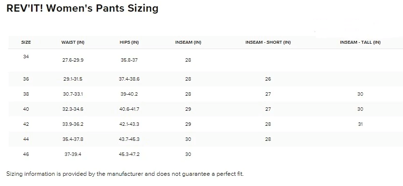 Rev'IT! Women's Pants Size Chart